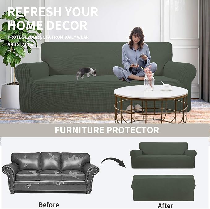 Easy-Going Stretch Couch Covers for Sofa Washable Large Olive Green | 1-Piece Sofa Covers for 3 Cushion Couch Furniture Protector Couch Slipcover Soft with Bottom for Kids Pets - Image 4