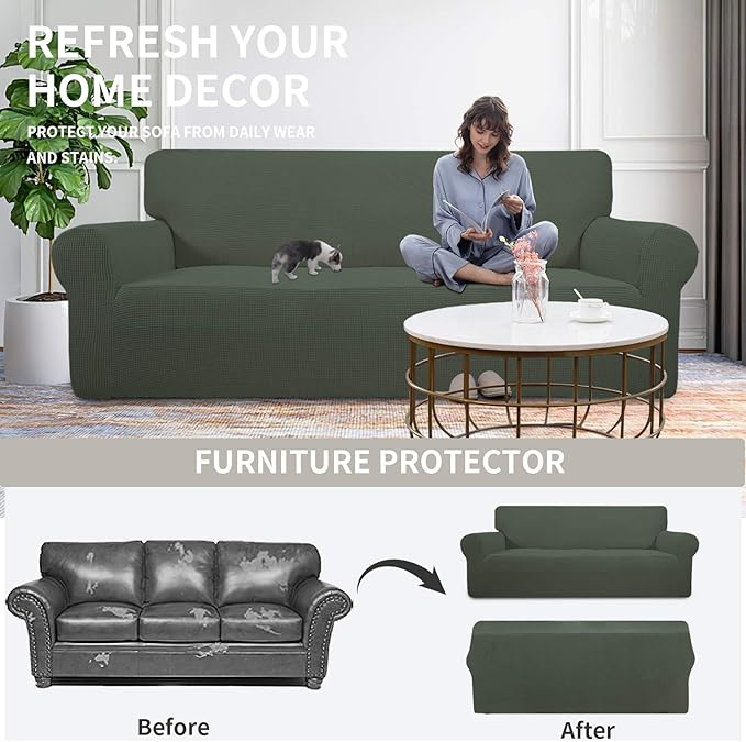 Easy-Going Stretch Loveseat Couch Covers Washable Olive Green | 1-Piece Loveseat Covers for 2 Cushion Couch Furniture Protector RV Sofa Slipcover Soft with Bottom for Kids Pets - Image 4