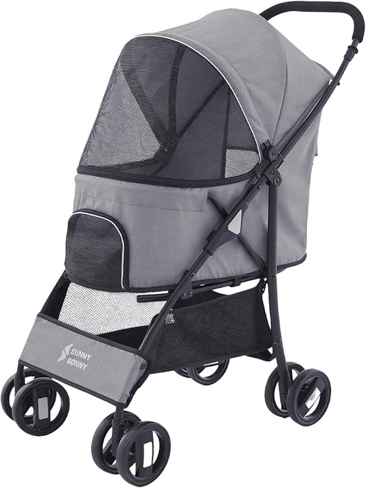 Sunny Sonny Foldable Jogger Pet Stroller with Weather Cover Storage Basket Pet Travel Carrier for S/M Dogs Cats up to 33lbs (Grey)