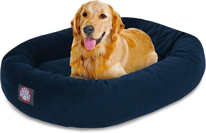 Majestic Pet 40 Inch Suede Calming Dog Bed Washable – Cozy Soft Round Dog Bed with Spine Support for Dogs to Rest Their Head - Fluffy Donut Dog Bed 40x29x9 (Inch) - Round Pet Bed Large – Navy by MajesticPet
