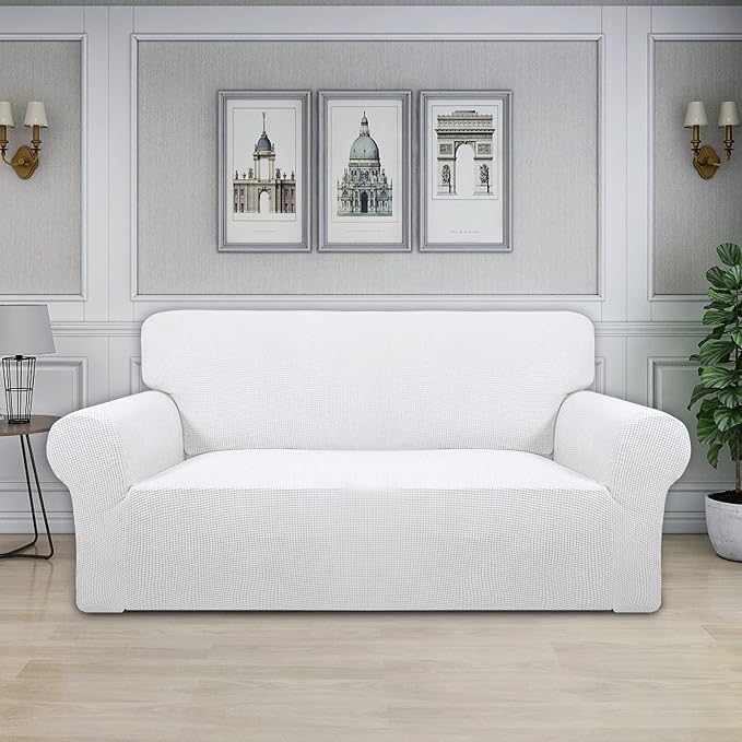 Easy-Going Stretch Oversized Loveseat Couch Covers Washable Snow White | 1-Piece Large Loveseat Cover for 2 Cushion Couch Furniture Protector RV Sofa Slipcover Soft with Bottom for Kids Pets - Image 2