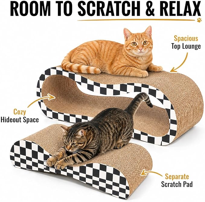 2 in 1 Large Cardboard Cat Scratcher Lounger, Cat Scratching Board for Indoor Cats, 100% Recyclable & Reversible Horizontal Scratching Pads Prevents Furniture Damage, Checkerboard - Image 4