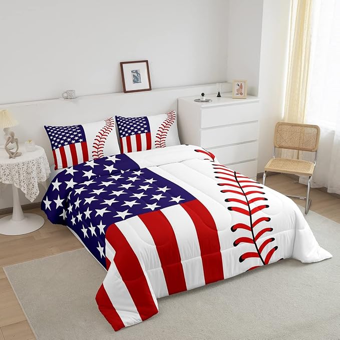 American Flag Comforter Set Twin,Abstract Baseball Bedding Set 2pcs for Kids Teens Boys Man Adult Room Decor,Ball Sports Games Fashion Quilt Set,Red & White Simple Duvet Insert with 1 Pillowcase - Image 3