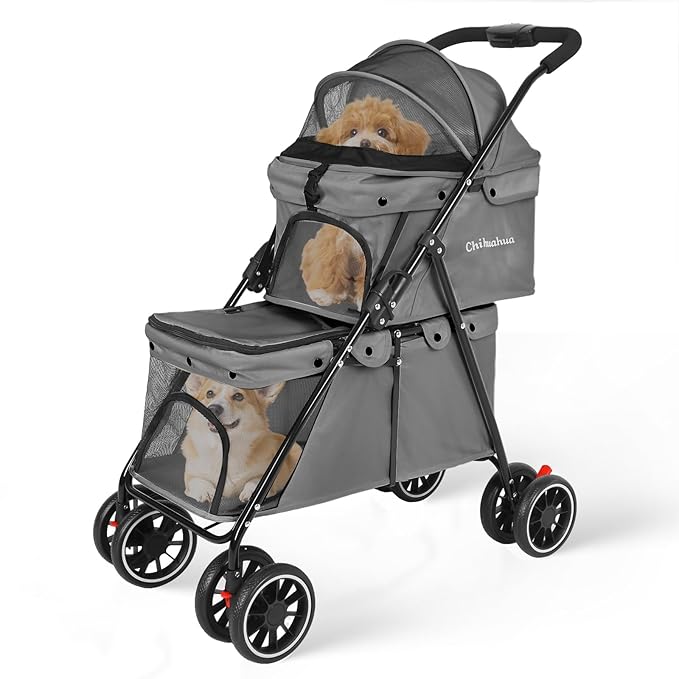 Double Pet Stroller for Dogs and Cats,Cat Strollers for 2 Cats,Double Dog Stroller for 2 Small Medium Dogs,4 Lockable Wheels/Lightweight/Folding,Grey