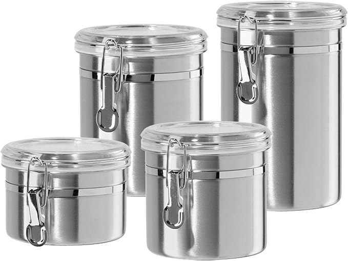 Oggi Set of 4 Stainless Steel Kitchen Canisters - Airtight Clamp Lid, Clear See-Thru Top - Ideal for Kitchen Storage, Food Storage, Pantry Storage - Includes 1 each: 26oz, 36oz, 47oz, 62oz. by Unknown