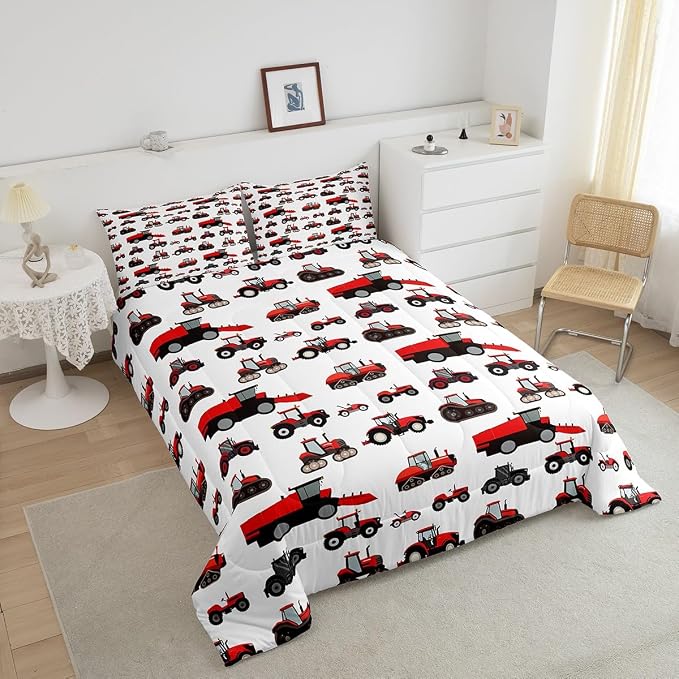 Erosebridal Red Tractor Comforter Set Twin Size Heavy Equipment Truck Down Comforter Kids Boys Girls Teens Harvester Tractor Bedding Set Construction Excavator Farm Equipment Quilt Set - Image 2