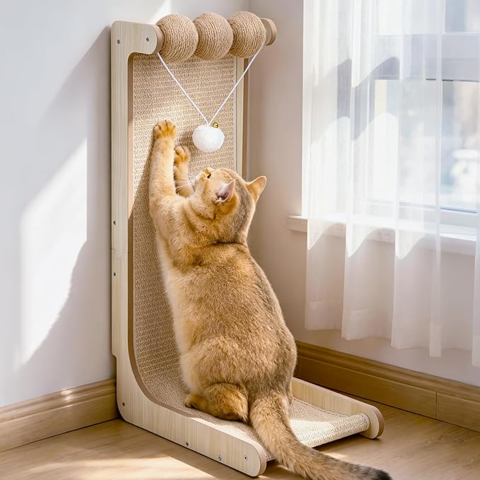 26.8 "Large Sisal Cat Scratcher with Sisal Ball and Bell Plush Toy | Wooden Cat Scratcher Pad, L-Shaped Scratching Post for Indoor Cats Adults, Vertical Cat Scratcher Board to Protect Furniture by NxwjoyPet