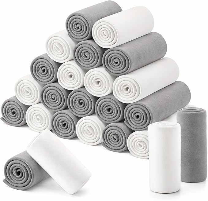 Newwiee 24 Pcs Bulk Fleece Throw Blankets 50'' x 60'' Oeko-tex Standard 100 Certified for Outdoor Wedding Guest Blankets Donation Homeless Sleepover Lap Pet Sofa, All Seasons Use (White/Gray) by Newwiee