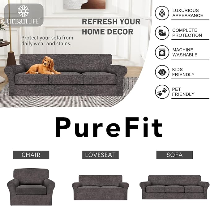 URBANLIFE 4-Piece Stretch Sofa Covers for 3 Cushion Couch, Charcoal Gray | Super fitted spandex slipcovers for couches. Non-slip elastic bottom. Machine washable furniture protector for kids & pets. - Image 7