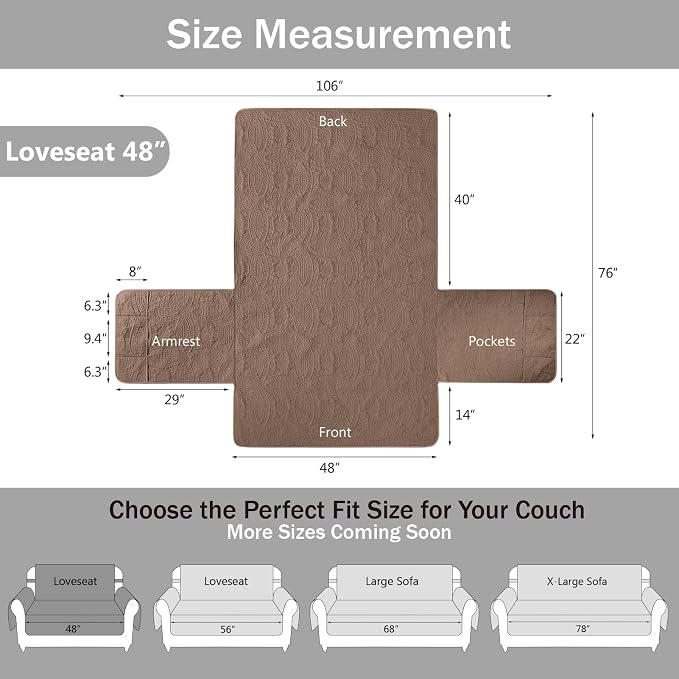 Toffee Loveseat Covers for 2 Cushion Couch, Water-Repellent Covers for Love Seat Sofa, Machine Washable Quilted Couch Covers, Pet Friendly Sofa Slipcovers (Loveseat 48", Raw Umber) - Image 6