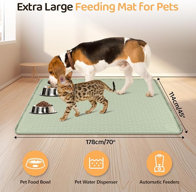 Dog Food Mat 70''x45'' Extra Large Dog Mat for Food and Water, Green | Silicone Dog Bowl Mat with Raised Edge, Waterproof Non-Slip Pet Feeding Mat for Floors, fit for Dog Cat Bowls - Image 2