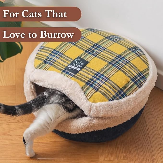 Cat Bed Cave - Enclosed Hideaway with Detachable Lid for Kitten (Yellow) | Covered round house, Removable top, Separate liner, Cozy privacy nook, Apartment-friendly shelter, Easy cleaning setup - Image 2