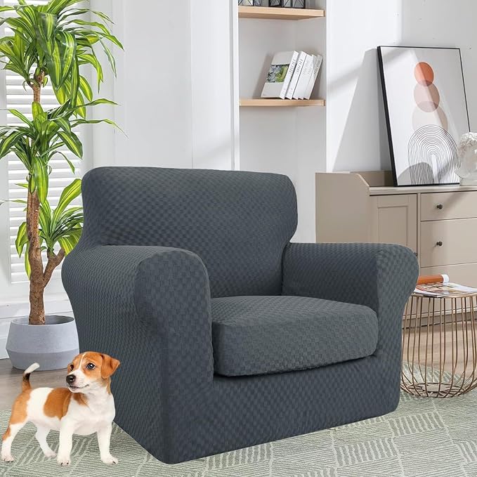 YEMYHOM Latest Checkered 2 Pieces Chair Covers for Living Room High Stretch Thickened Chair Slipcovers with Arms Anti Slip Elastic Armchair Sofa Couch Protector (Dark Gray), 31"-46"(1 Cushion) - Image 2