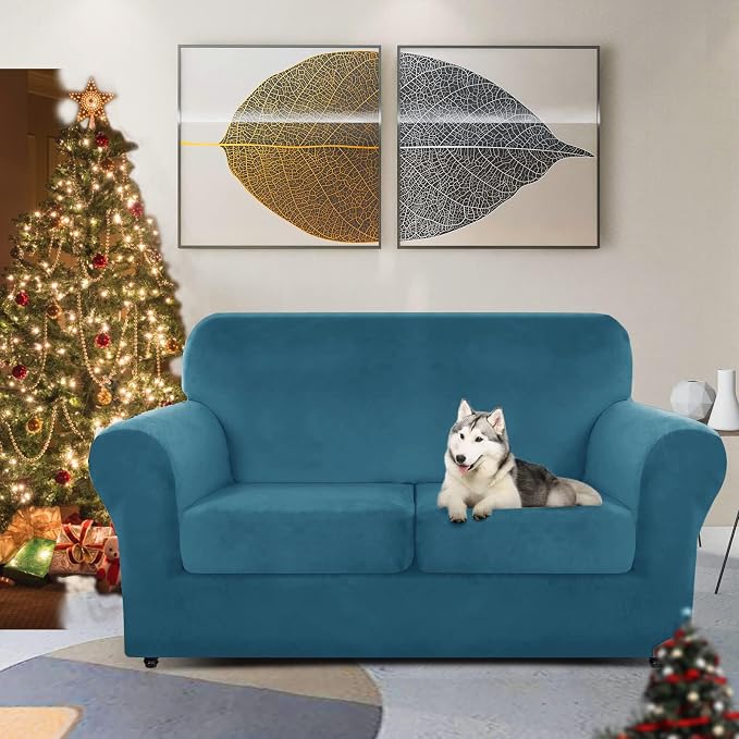 ZNSAYOTX Luxury Velvet Sofa Cover 3 Piece (57"-70") Stretch Loveseat Covers for 2 Cushion Couch Thick Soft Couch Slipcover with Non Slip Strap, Dog Pet Friendly Nice Furniture Protector (Peacock Blue) - Image 2