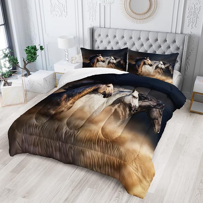 QOOMO Horse Comforter King Size,Galloping Horse Comforter Set for Kids Teens Girls Boys,3Pcs Bedding Set Printed Comforter with 2 Pillowcases,Soft and Lightweight，King Size - Image 2