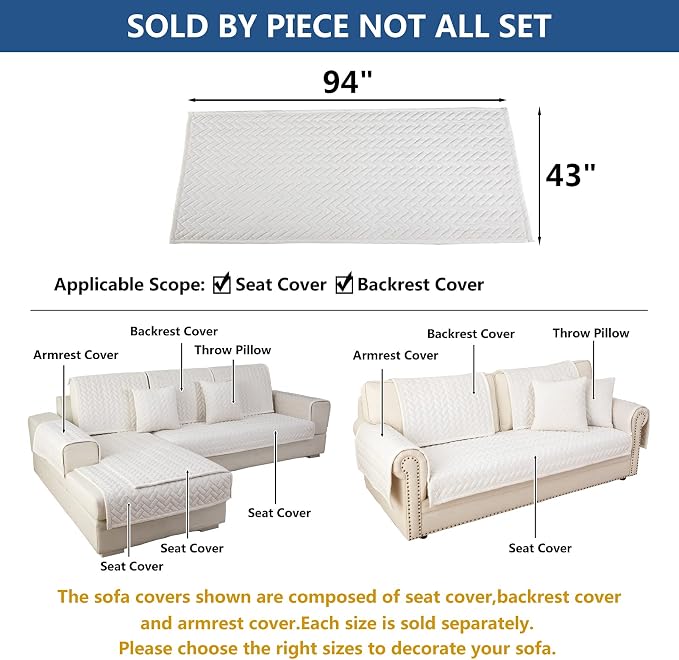 Eismodra Couch Cover,Sectional Couch Covers,Sofa Covers for 3 Cushion Couch,Anti-Slip Sofa Slipcovers for Dogs Cats Kids Loveseat Recliner L Shaped Armrest Backrest,White 43''x94''(Only 1 Piece) - Image 5