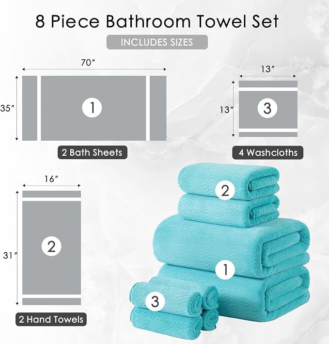 8 Piece Bath Towel Set |2 Oversized Large Bath Sheet,2 Hand Towels,4 Washcloths| Ultra Soft Cozy Bath Towel Set for Bathroom Hotel Gym Spa,Highly Absorbent & Quick Dry Bathroom Towel Collections,Teal - Image 5