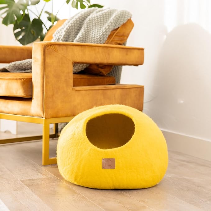 Best Aesthetic Cat Bed - Premium Felted Wool Cat Cave Bed - Cozy Peekaboo Round Cave for Large or Small Cats (Large, Sunny Yellow) - Image 3