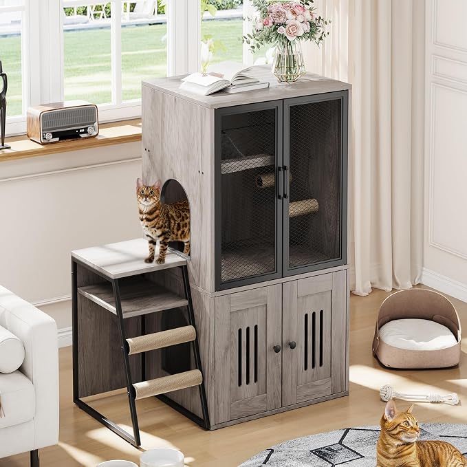 GarveeLife Cat Litter Box Enclosure with Doors, Double Cat House with Storage Space, Enclosed Litter Box Furniture with Ladder, Grey by GarveeLife