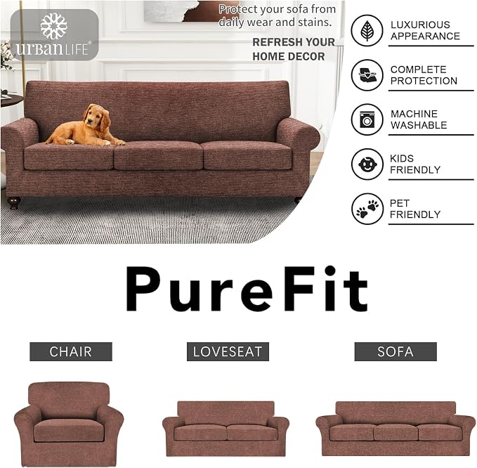 URBANLIFE 4-Piece Stretch Sofa Covers for 3 Cushion Couch, Chocolate | Super fitted spandex slipcovers for couches. Non-slip elastic bottom. Machine washable furniture protector for kids & pets. - Image 6