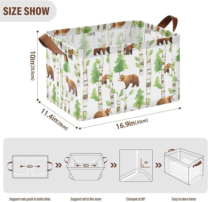 Watercolor Woodland Bear Forest Animal Baby Storage Basket with Labels&Handles Rectangular Waterproof Nursery Storage Bins Collapsible Shelf Organizer Baskets for Kids Books Cloth Gift Toys Laundry - Image 7