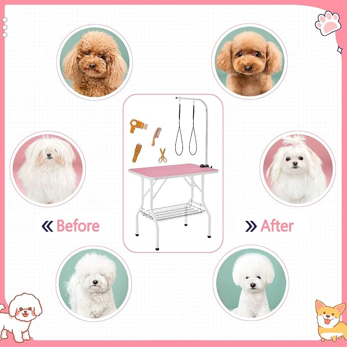Yaheetech 36'' Dog Grooming Table, Adjustable Pet Foldable Grooming Table w/Double Loops/Mesh Tray Maximum Capacity Up to 220lbs, Pink - Image 9