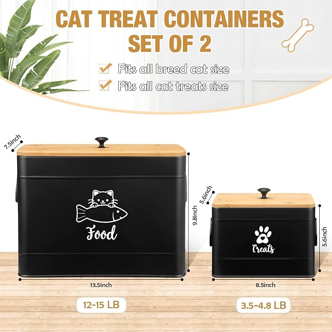 Reallnaive 2 Pcs Large Metal Cat Food Storage Containers 12+3.5 Lbs Decorative Pet Treat Snack Jars Airtight Bamboo Lids & Dry Food Scoop for Farmhouse Kitchen Counter Decor, Pet Owner Gifts(Black) - Image 2