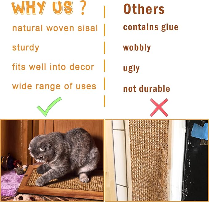 Cat Scratching Post - 2 PCS, Wooden Sisal Cats Wall Scratcher, Floor or Wall Mounted Vertical Cat Scratch Pad for Indoor Cats Adults or Kittens, Cat Wall Furniture Protector - Image 7