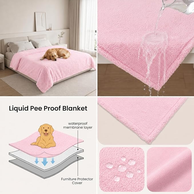 Waterproof Pink Dog Throw Blanket Reversible Fluffy Pet Cat Bed Cover Blankets for Small Puppy Sherpa Fleece Couch Covers Leakproof Sofa Washable Cover Warm-XS-28x20in - Image 2