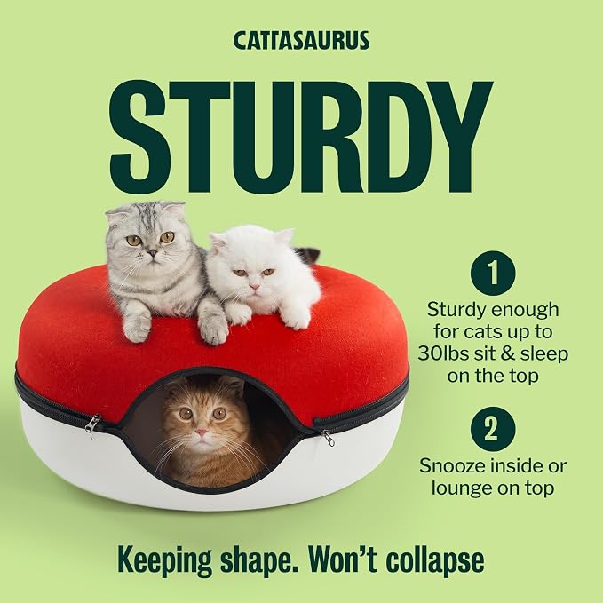 Cattasaurus Peekaboo Cat Cave Donut for Multiple & Large Cats up to 30-45 lbs, 3-in-1 Self Warming Cat Bed, Tunnel & Scratcher for Indoor Cats, Washable & Detachable Dog Bed (Ruby Snowball, Large) - Image 4