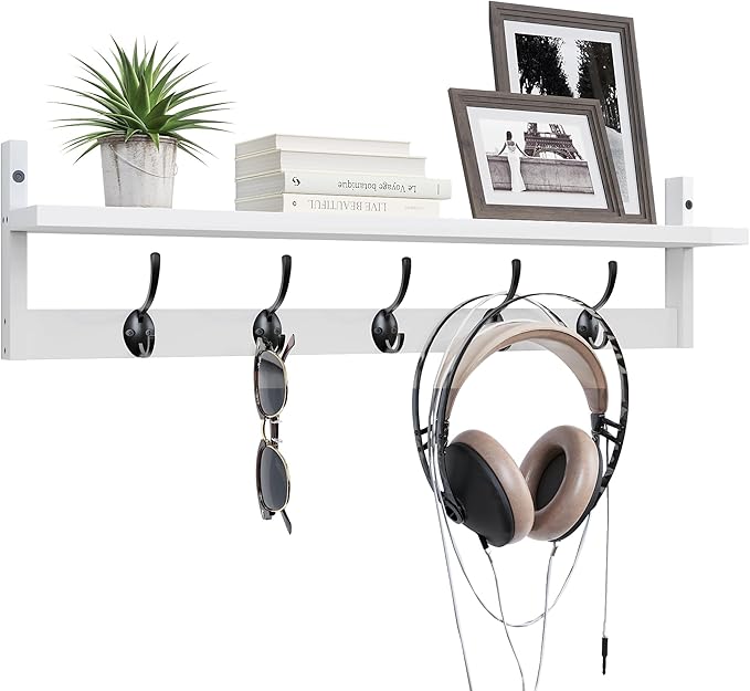 BAMEOS Wall-Mounted Wood Shelf with 5 Dual Hooks for Bathroom, Living Room, Bedroom (White-with Shelf) - Image 7