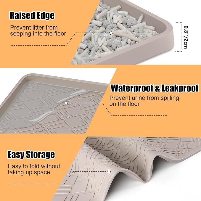 Silicone Cat Litter Mat 42" x 29" Cat Mat for Litter Box, Khaki | Extra Large Cat Litter Trapping Mat for Floor, Waterproof, Non-Slip Kitty Litter Box Mat with Raised Edge, Easy to Clean - Image 6