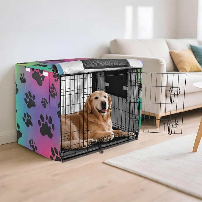 Dog Crate Cover Kennel Cover for Dog Cages Breathable for Wire Cage Indoor Outdoor Gradient Paw Prints and Trails - Image 6