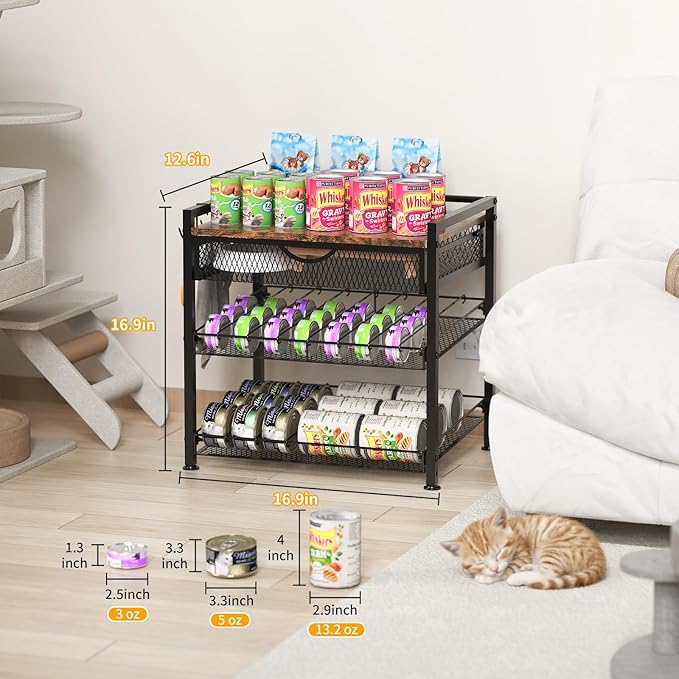 Cat Food Organizer，2 Floors Bring Drawer Storage Rack, Manually Adjust The Gap Size，Store Suitable Can Sizes Container，Automatic Slip Design，Suitable For Pet Food Canned Food Dispenser - Image 2