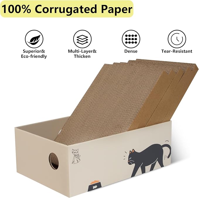 Papercat Cat Scratcher, 5 PCS in 1 Scratching pad with Box, Natural Recycled Corrugated Cardboard, Reversible for 2X Use, Kitty Refill Indoor, Brown (PC-MZB-001) - Image 2