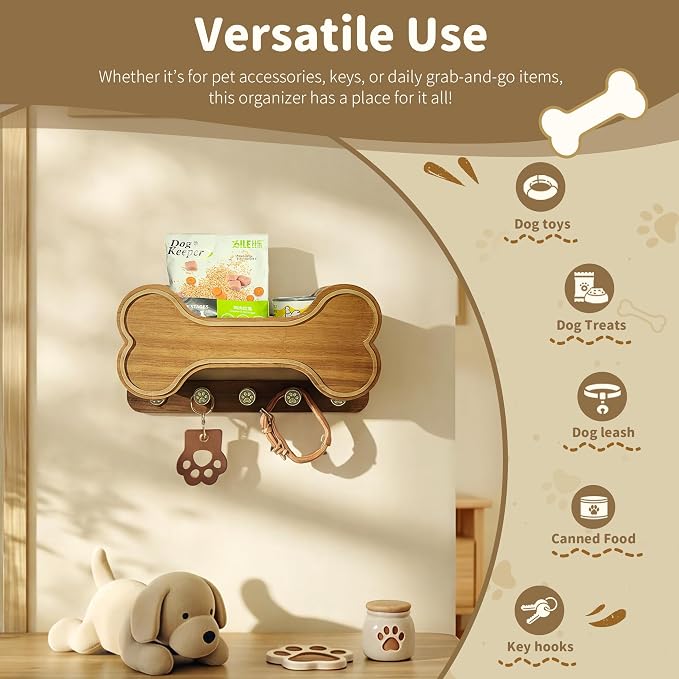 MTERSN Decorative Dog Leash Holder for Wall - Bone Key Holder Wall Mount with 5 3D Puppy Paw Hooks & Hanging Shelf for Dog Lover - Cute Stuff for Puppy Essentials (Acacia) - Image 5