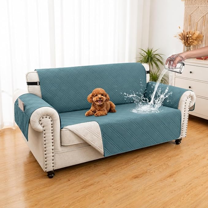 100% Waterproof Couch Cover for Dogs, Anti-Slip Washable Sofa Cover with Elastic Straps & Side Pockets, Durable Furniture Protector for Kids & Pets (Loveseat 46", Grayishblue) by Unknown