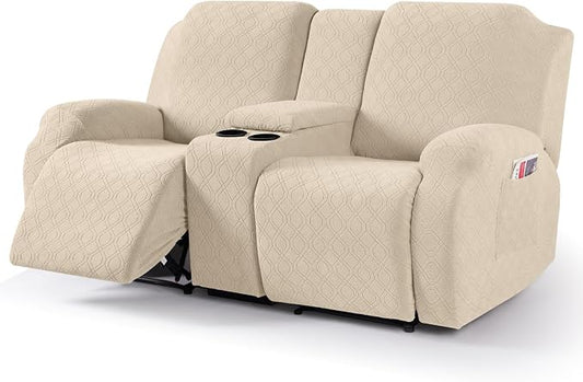 VANSOFY Recliner Loveseat Cover with Middle Console Stretch Reclining Sofa Slipcover for 2 Seat Jacquard Reclining Couch Sofa Covers Furniture Protector with Elastic Straps Bottom (Cream) | 4-Pieces, Soft Furniture Protector, Washable Slipcover with Po... by VANSOFYFURNITURECOVERS