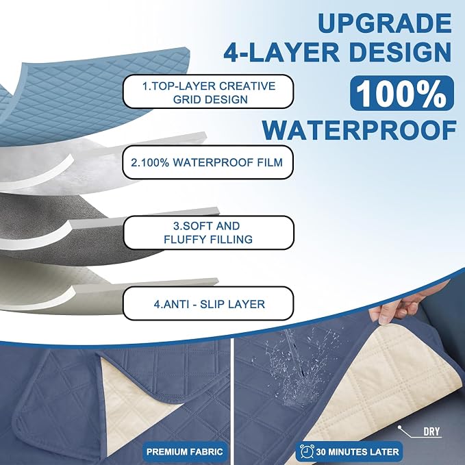 Waterproof Chair Covers for Living Room, Sofa Covers for Pets Washable with Side Pockets, Non Slip Couch Covers for Dogs, Quilted Dog Couch Cover with Elastic Straps (Armchair, Greyish Blue) - Image 4