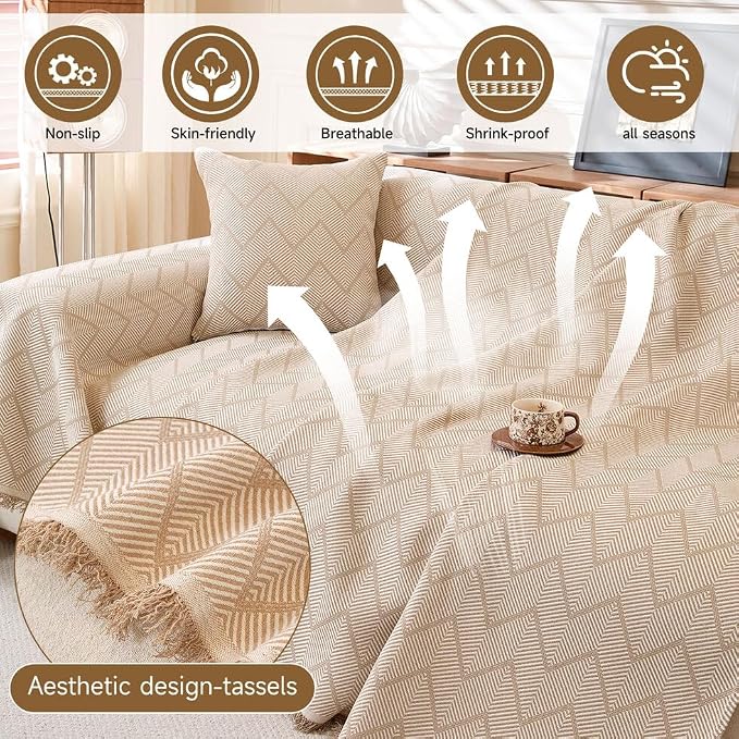 ROOMLIFE Boho Khaki Couch Covers for 3 Cushion Sofa, Couch Cover Sectional Sofa Cover for Dog, Washable Furniture Sofa Protector Cover Soft Blanket with Tassel for Living Room, 71''X150'' - Image 2