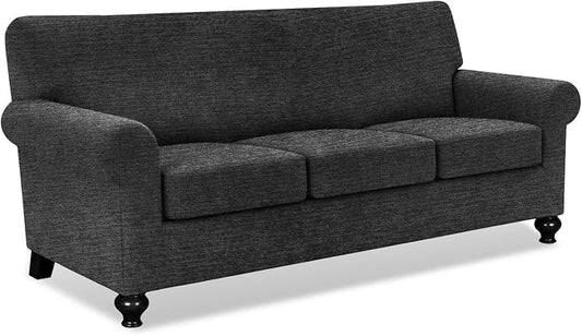 URBANLIFE 4-Piece Stretch Sofa Covers for 3 Cushion Couch, Charcoal Gray | Super fitted spandex slipcovers for couches. Non-slip elastic bottom. Machine washable furniture protector for kids & pets. by URBANLIFE