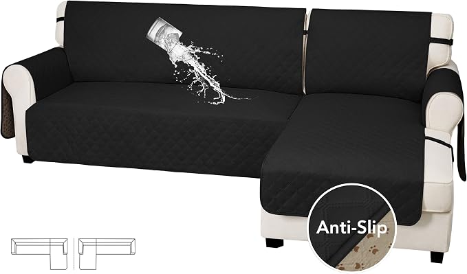 Easy-Going Waterproof Sectional Couch Covers with Chaise 2-Piece Non Slip L Shape Sofa Cover for Dogs Leakproof Furniture Protector Cover with Adjustable Strap for Pets (X-Large, Black) by Easy-Going