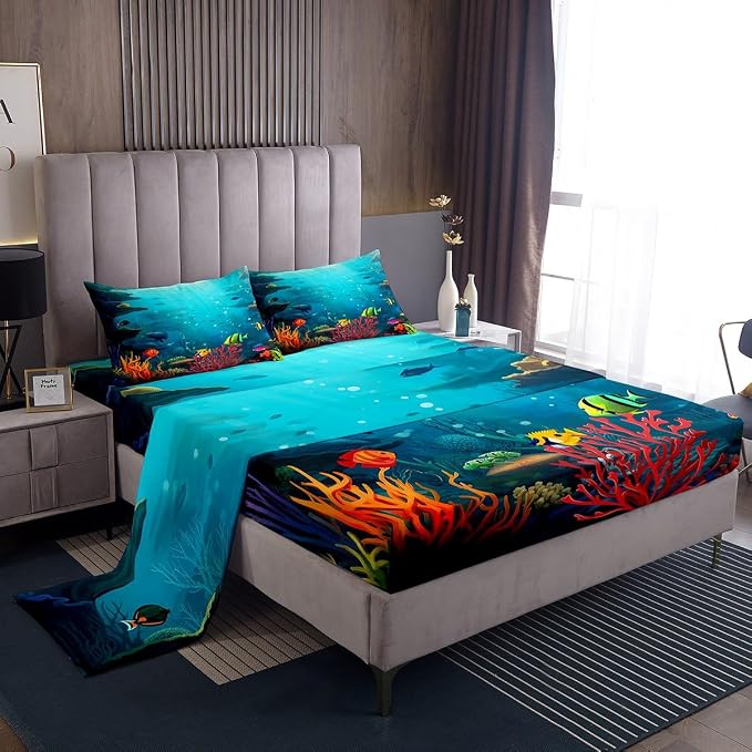 Underwater World Bedding Set,3D Sea Turtle Tropical Fish Coral Bed Sheet Set for Kids Boys Girls Adults,Sealife Ocean Creature Fitted Sheet,Aquatic Animal Flat Sheet 3Pcs Soft Sheet Set,Twin Size by Erosebridal