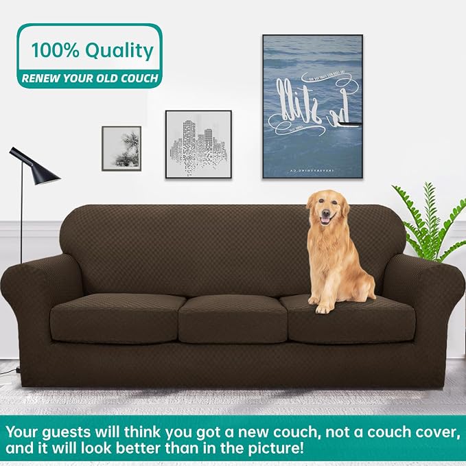 YEMYHOM Latest Checkered 4 Pieces Couch Covers for 3 Cushion Couch High Stretch Thickened Sofa Cover for Dogs Pets Elastic Slipcovers Living Room Furniture Protector (Dark Coffee), 71"-91"(3 CUSHIONS) - Image 2