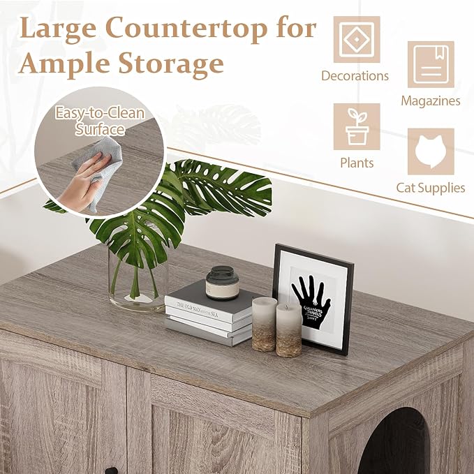 Tangkula Cat Litter Box Enclosure, Wooden Kitty Washroom Cabinet w/Winding Entry & Cat Hole, with Divider, Hidden Double Enclosed Litter Box Furniture for Living Room, Bedroom, Entryway (Grey) - Image 9