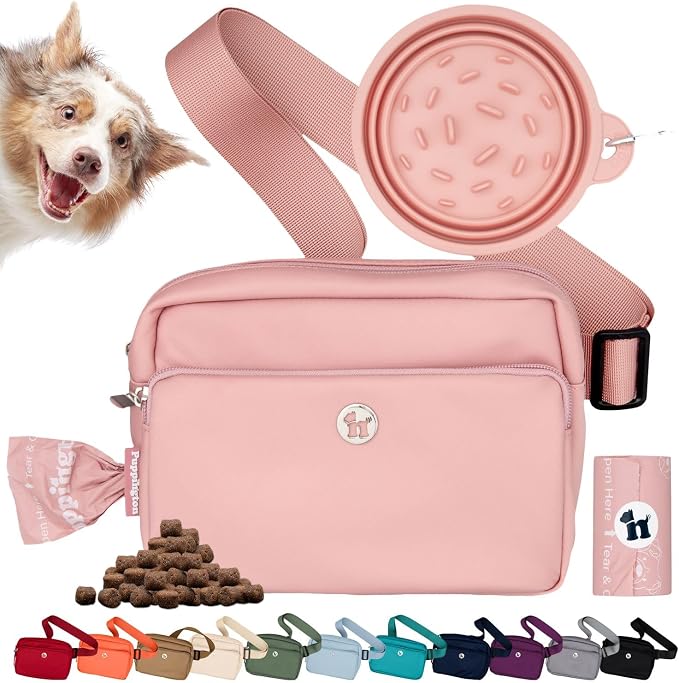 Puppington 3-in-1 Crossbody & Dog Treat Pouch for Pet Training - Matching Compostable Poop Bags, Built-In Poop Bag Dispenser & Slow-Feeding Travel Dog Bowl - Dog Walking Bag (Blush Pink) by Puppington