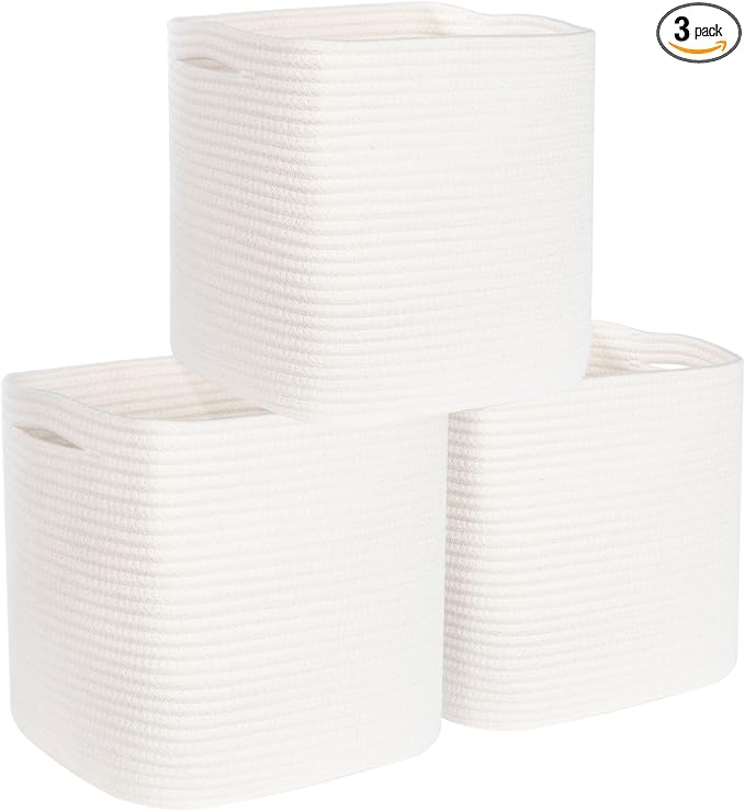 MINTWOOD Design 3-Pack 11x11in Woven Cube Storage Bin and Shelf Baskets, Cute Decorative Square Organizer for Closet, Classroom, Bathroom, Dog and Cat Toys, and Books, Creamy White by MINTWOODDesign