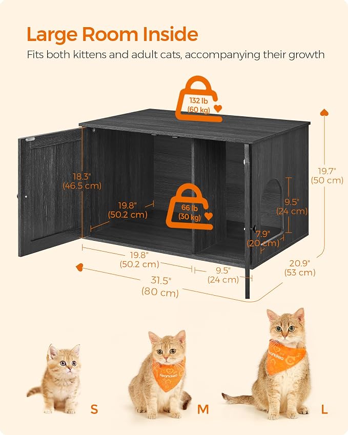 Feandrea Cat Litter Box Enclosure, Litter Box Furniture Hidden with Removable Divider, Indoor Cat House, End Table, 31.5 x 20.9 x 19.7 Inches, Ink Black UPCL002B01 - Image 6
