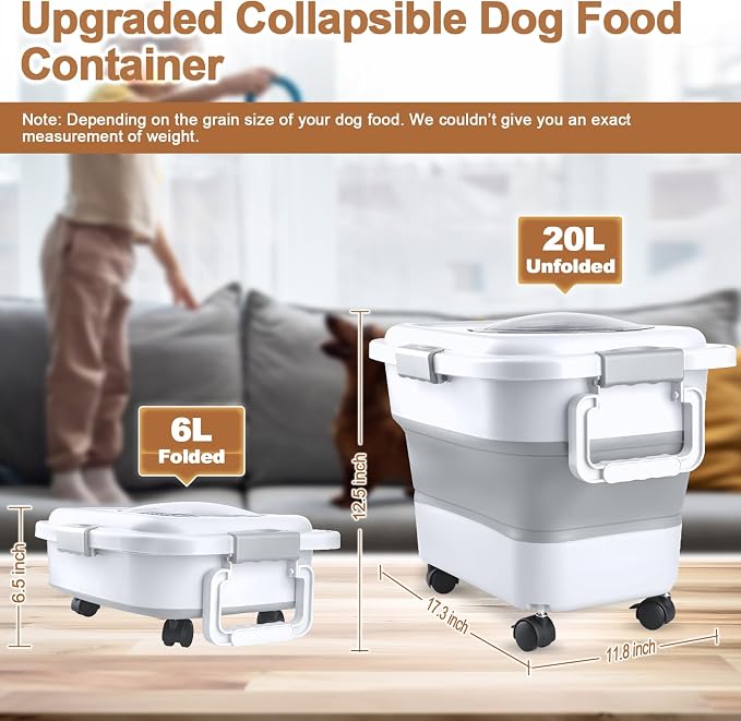 Dog Food Storage Container, 10-20 lbs Airtight Collapsible Cat Food Storage Container with Attachable Wheels, Portable Handle, Dog Food Scoop for Dog Cat Bird Pet Dry Food Storage Bin Light Grey - Image 2