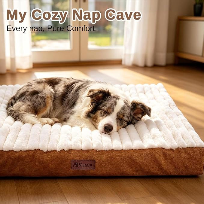 Orthopedic Dog Bed for Medium Dogs, Firm Egg Crate Foam, Non-Slip Bottom | Machine Washable Cover, Plush Faux Rabbit Fur Top, Pet Beds for Crate, Floor & Car, Up to 30 lbs,Brown,29"L x 18"W x 3"H - Image 5